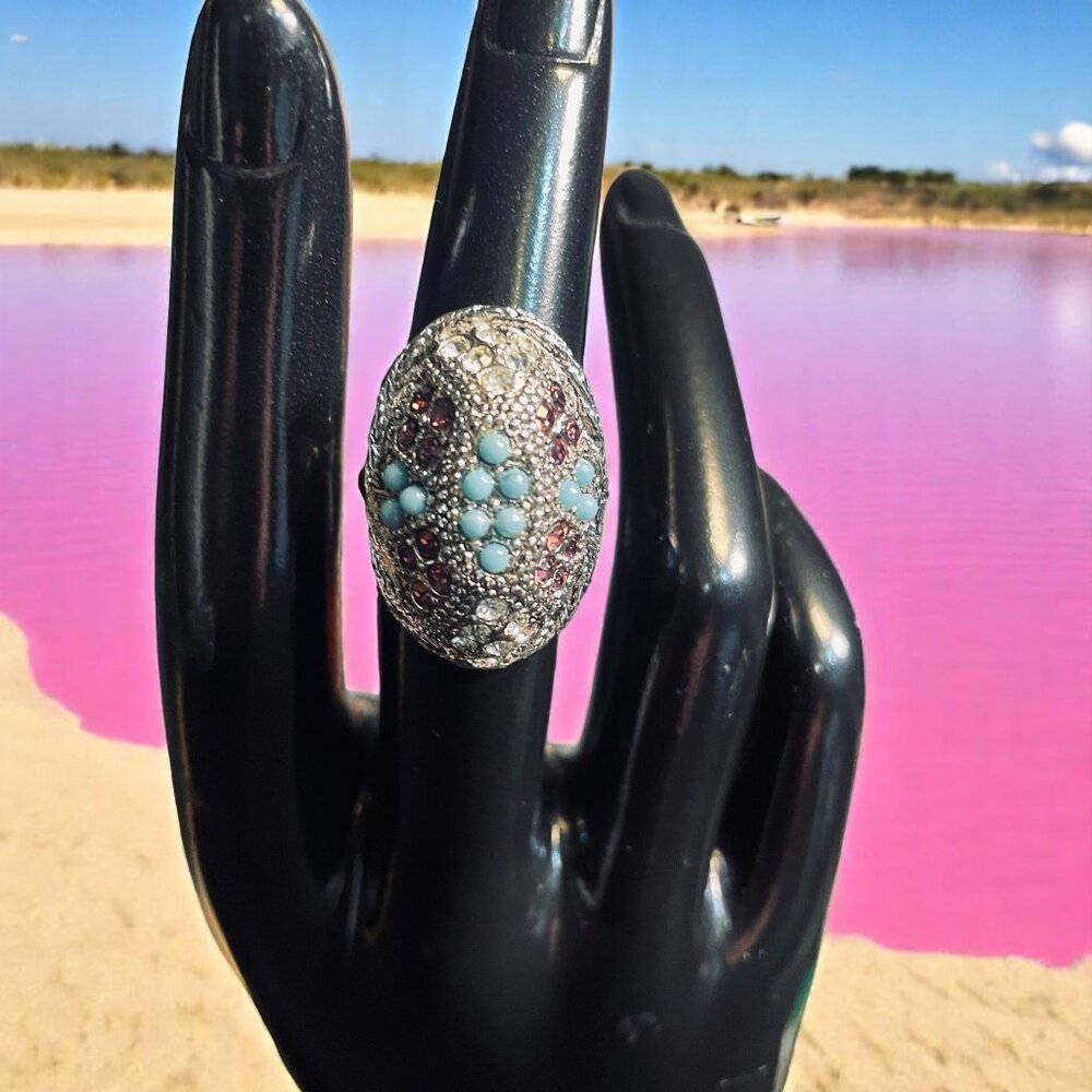 Sarah Coventry Vintage Dome Ring Silver Tone Turquoise Crystal Boho Statement
